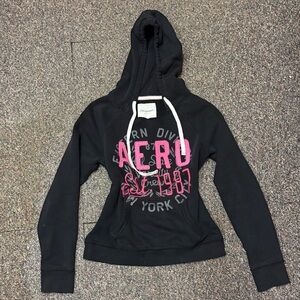 Y2K Aeropostale Women's Black Hoodie with Pink Graphic